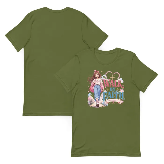 Walk by Faith T-shirt, front and back, in Olive