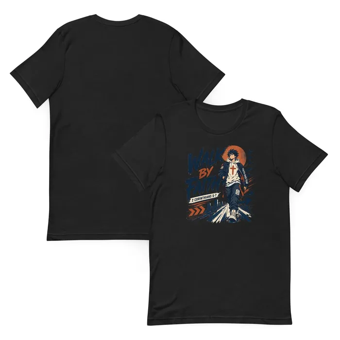 Walk by Faith T-shirt, front and back, in Vintage Black