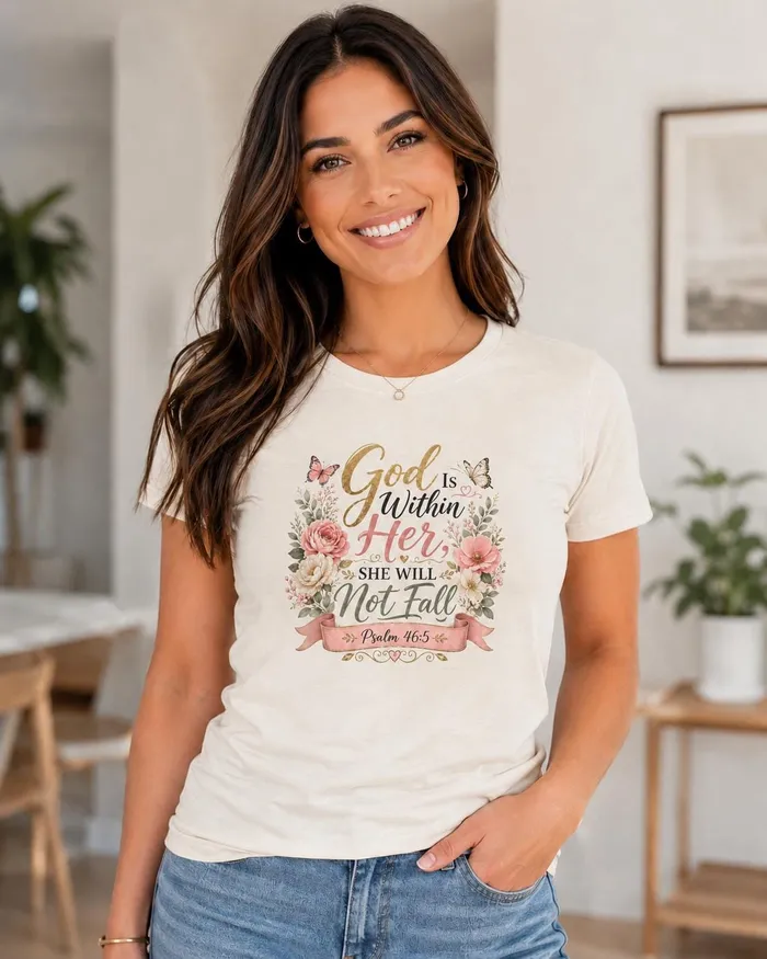 God Is Within Her, She Will Not Fall T-shirt, worn